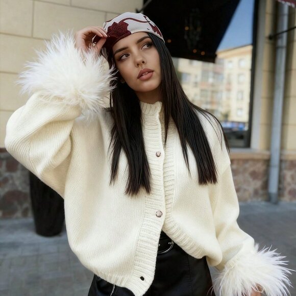 Cream Festive Casual Women's furry sleeve ends button down Cardigan - Picture 7 of 9